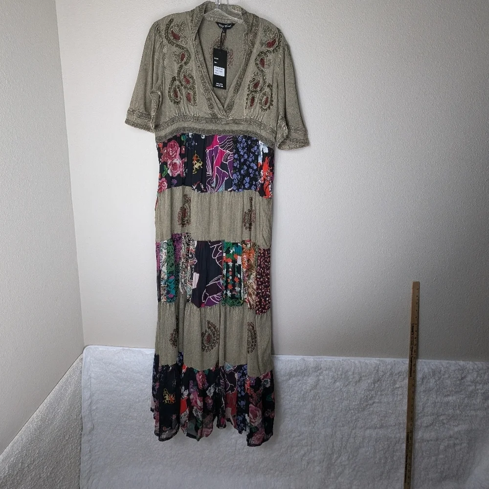 Young Threads Floral Embroidered Maxi Dress Womens Large Gravel Green Dress - Picture 2 of 14